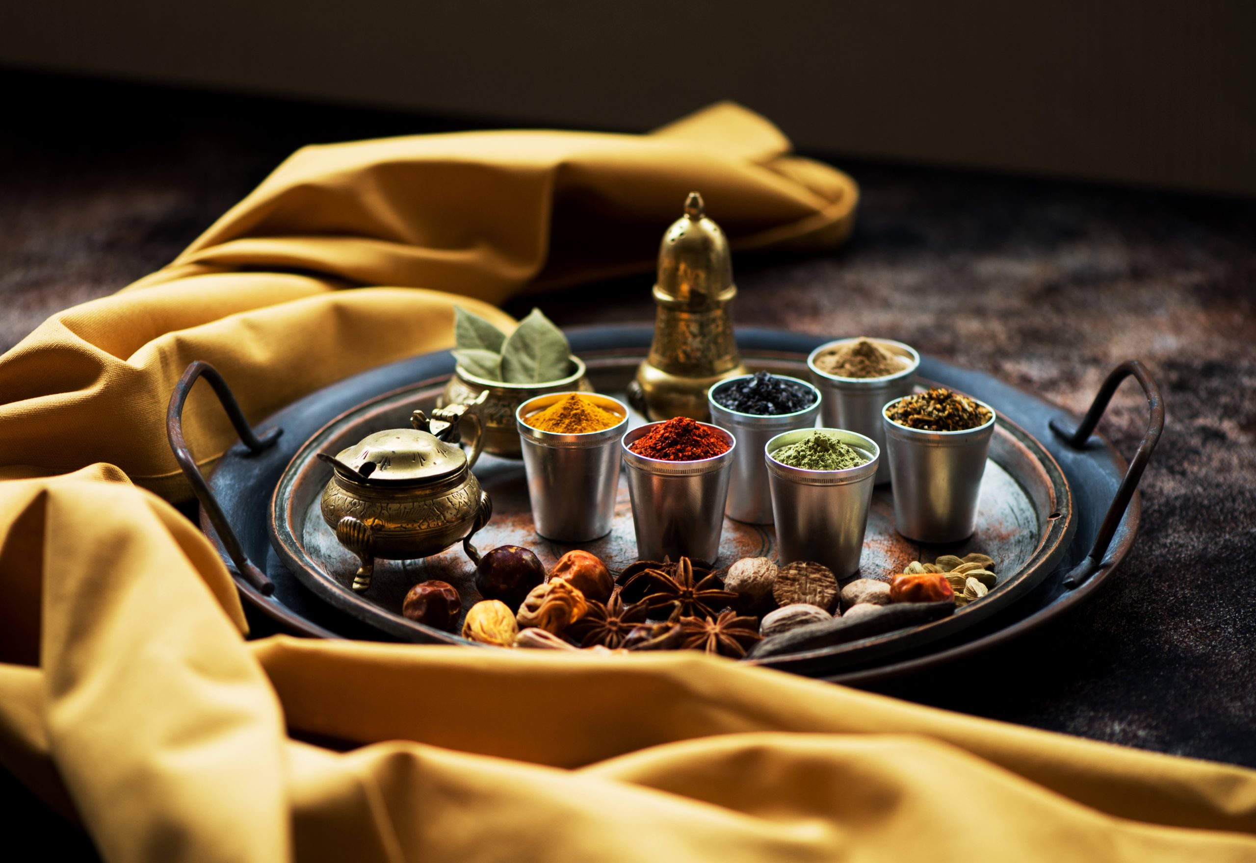 circular tray of indian spices on top of yellow cloth