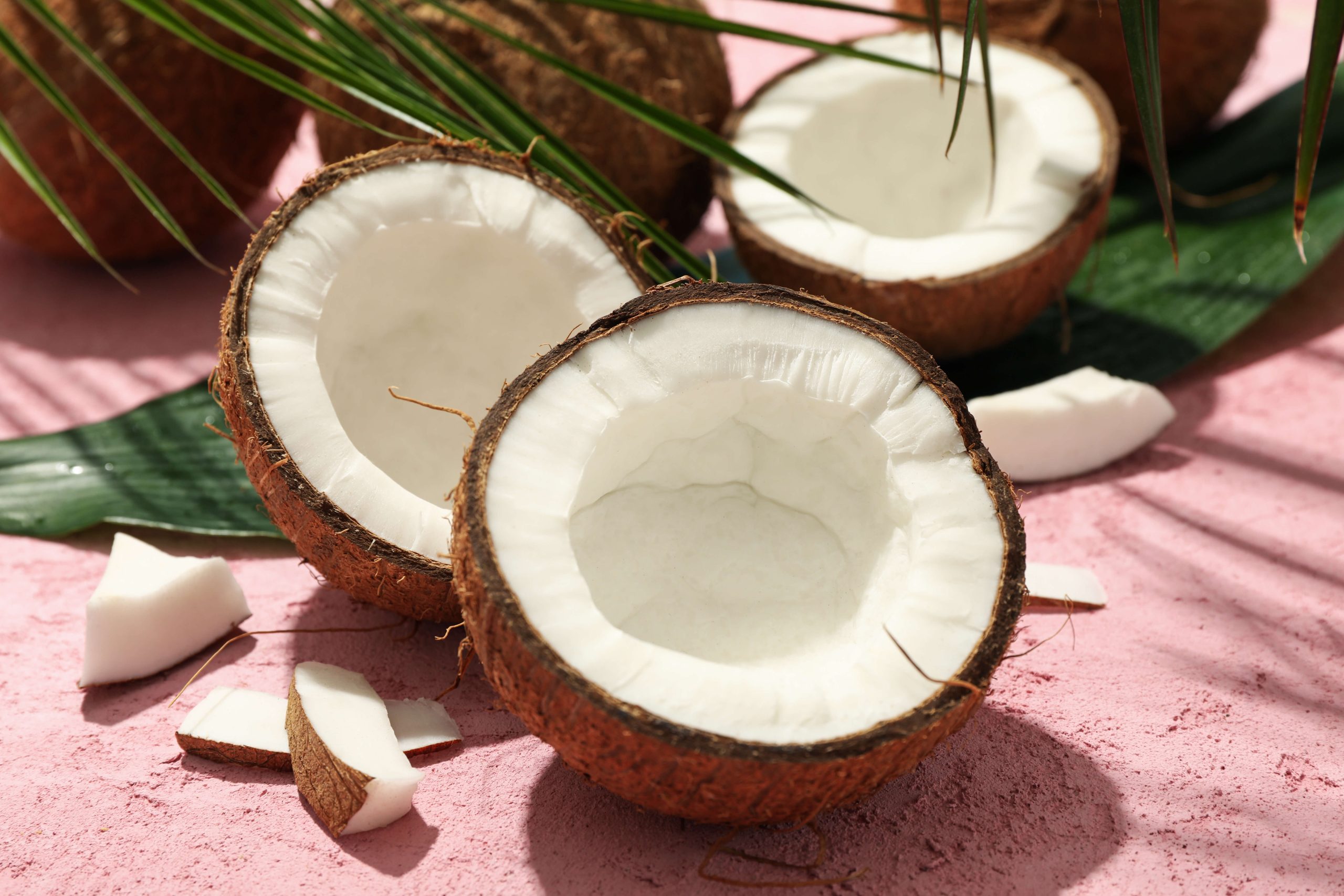 Fresh coconut halves and coconut pieces representing the use of coconut in cuisines and recipes around the world.