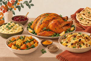 Illustration of an Indian-inspired Thanksgiving feast featuring roasted turkey, biryani rice, naan, cranberry chutney, mashed potatoes, and spiced roasted vegetables.